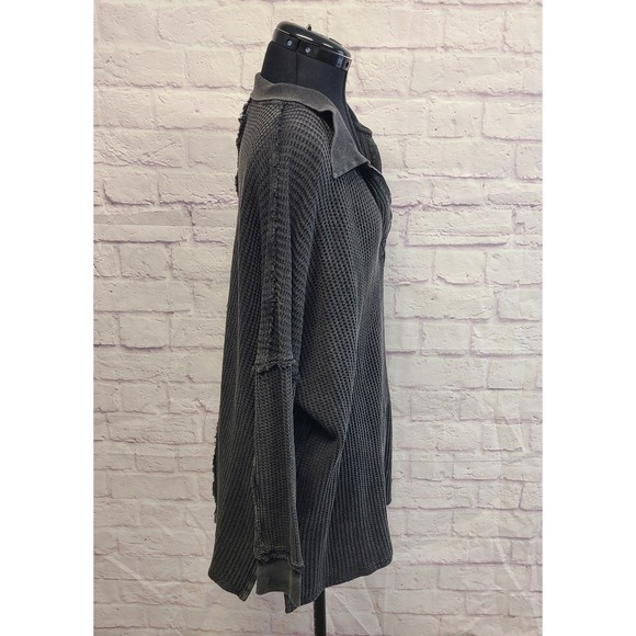 We The Free Women's Oversized Travis Polo Waffle Knit Top in Charcoal Black S - Picture 3 of 9